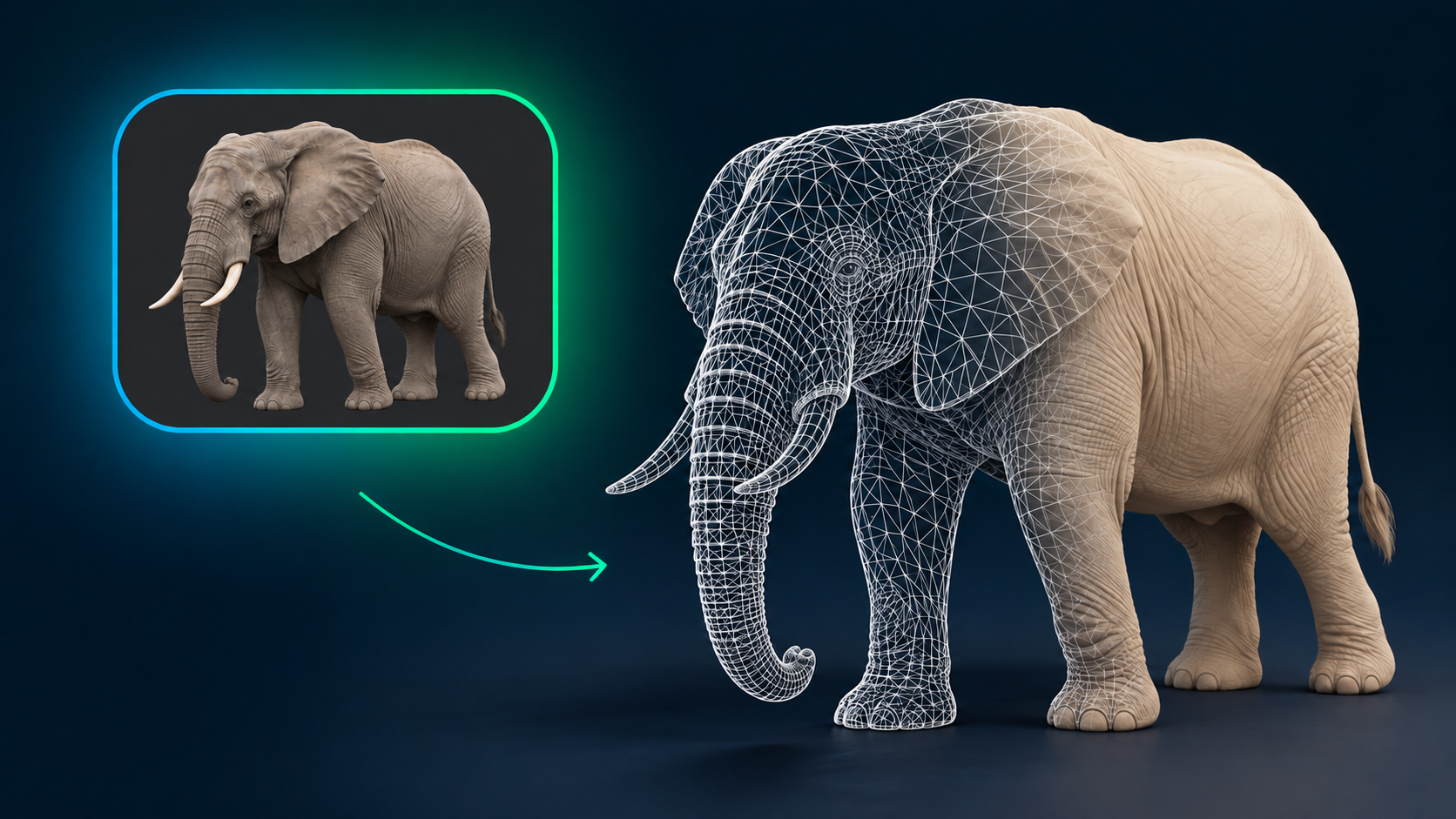 Illustration of an elephant photograph beside a half-solid, half-wireframe 3D elephant model